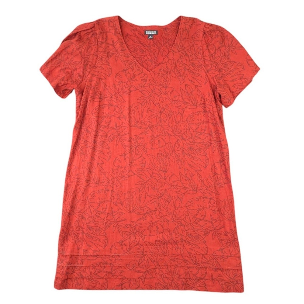 Original Nicole Miller Linen Blend Tropical Leaf Print Shift Dress Red XL V-Neck